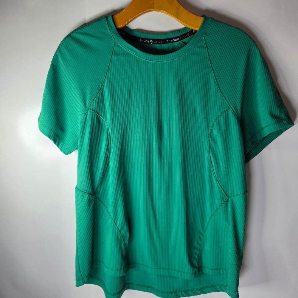 Spyder Active Womens Large Green Ribbed Performance Crewneck Tee Short Sleeve